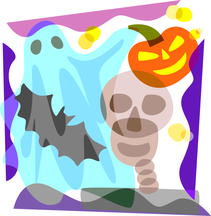 Vector Illustration of Halloween Goblin Ghost Phantom, Apparition, Spirit, Spooks, Skeleton, Bat and Jack-o'-Lantern Pumpkin