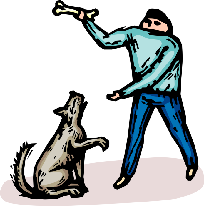 Vector Illustration of Pet Owner Plays with Family Dog and Bone