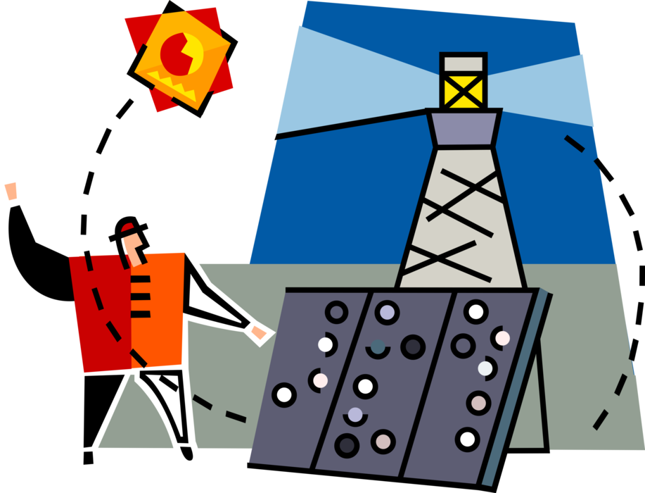 Vector Illustration of Renewable Solar Energy Photovoltaic Panel Operates Lighthouse Beacon Light
