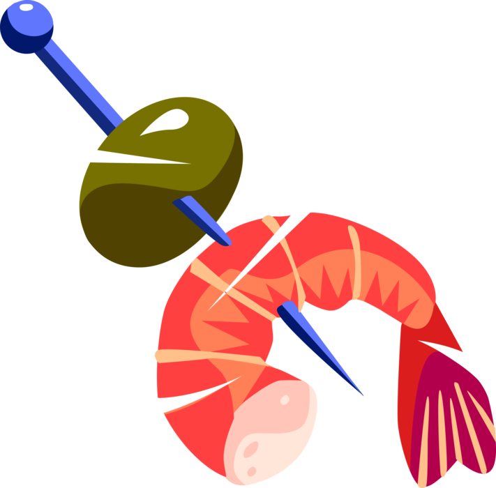 Vector Illustration of Seafood Decapod Crustacean Prawn Shrimp and Olive Appetizer