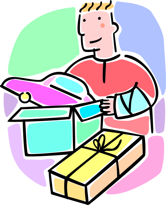Vector Illustration of Young Patient Boy with Broken Arm in Cast Receives Present Gift