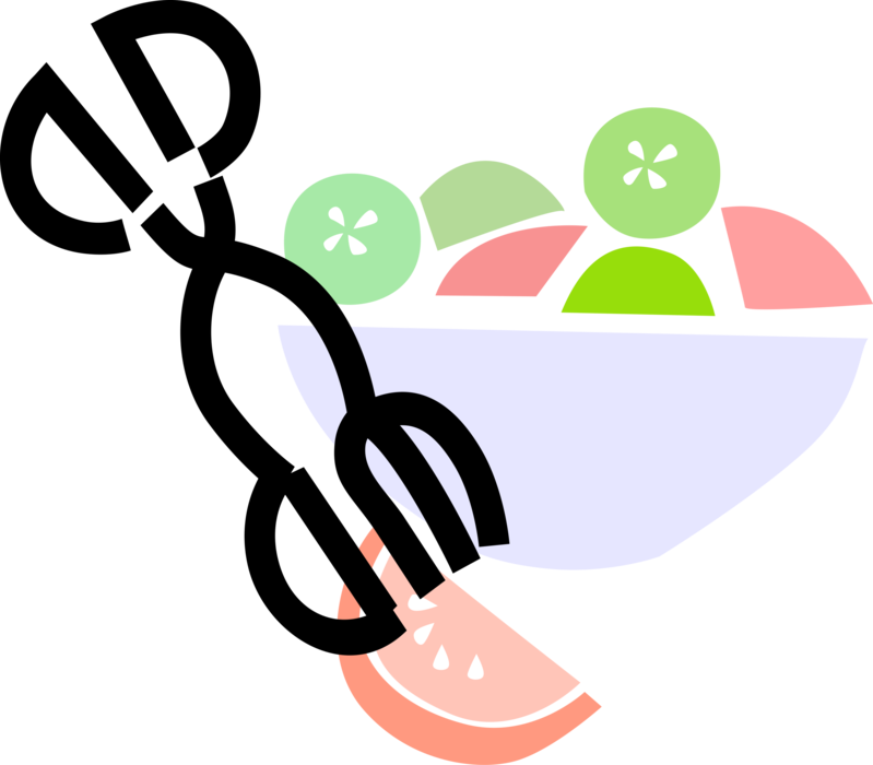 Vector Illustration of Salad Bowl with Tongs, Tomato, Cucumber, and Green Edible Leaf Vegetable Lettuce