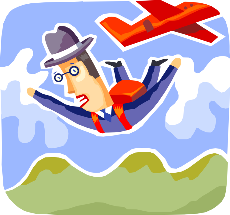 Vector Illustration of Businessman Skydiver Jumps from Airplane and Skydives to Earth with Parachute