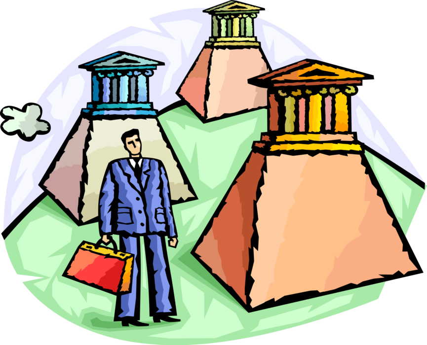 Vector Illustration of Businessman with Financial Institution Banks on Pyramid Pedestals