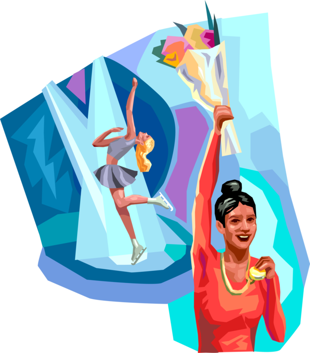 Vector Illustration of Figure Skater with Flower Bouquet Wins Gold Medal at Figure Skating Sports Competition