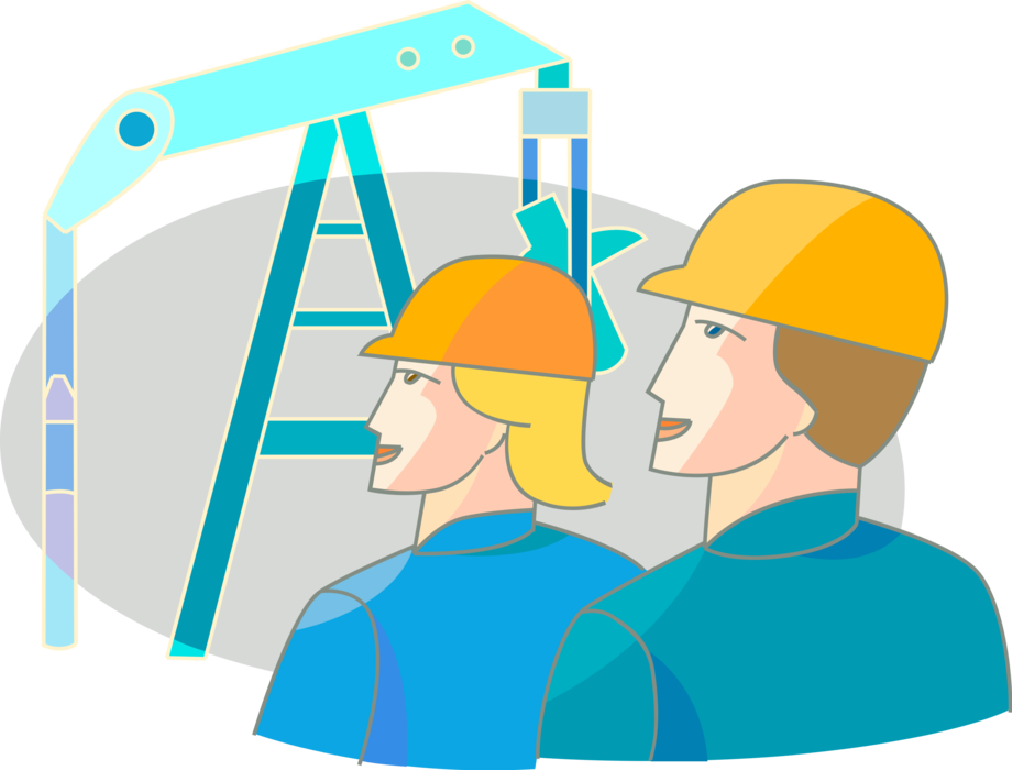 Vector Illustration of Petroleum Oil and Gas Industry Engineers Working at Oil Well with Pumpjack Reciprocating Piston Pump