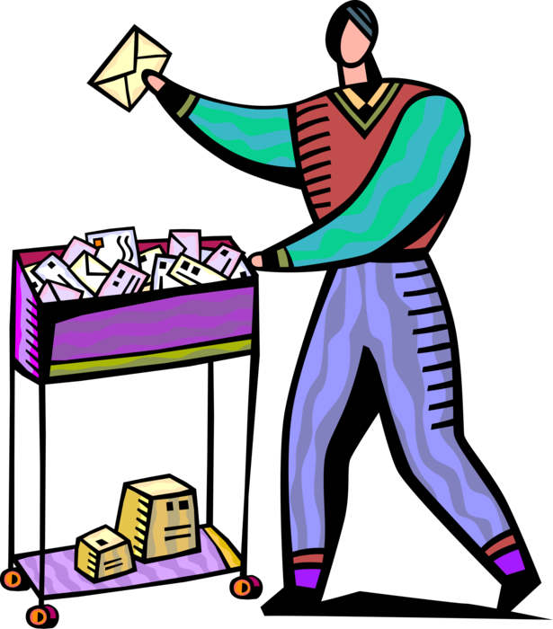 Vector Illustration of Mailroom Office Worker Delivers Snail Mail Post Office Letter Envelopes