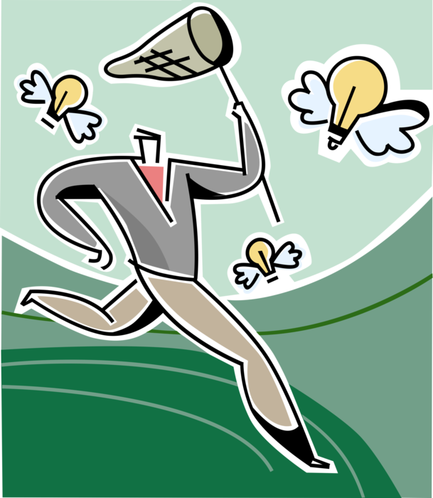 Vector Illustration of Businessman Chases Electric Light Bulb Symbol of Invention, Innovation, and Good Ideas with Butterfly Net
