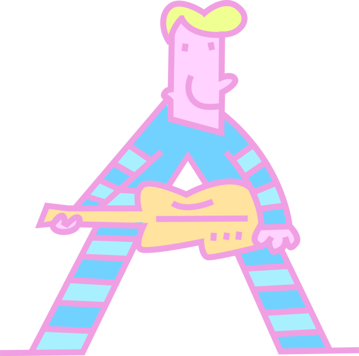 Vector Illustration of Grade School Literacy and Learning Alphabet Letter A with Rock and Roll Musician Playing Electric Guitar