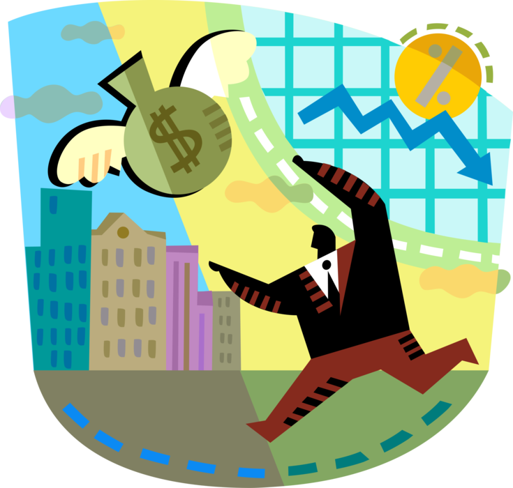Vector Illustration of Businessman Chases Fleeting Financial Revenue and Earnings Cash Money Dollars Disappearing in Market Downturn