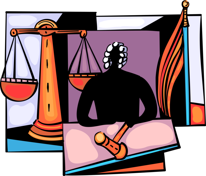 Vector Illustration of Judicial Judge in Court of Law Courtroom with Gavel and Scales of Justice