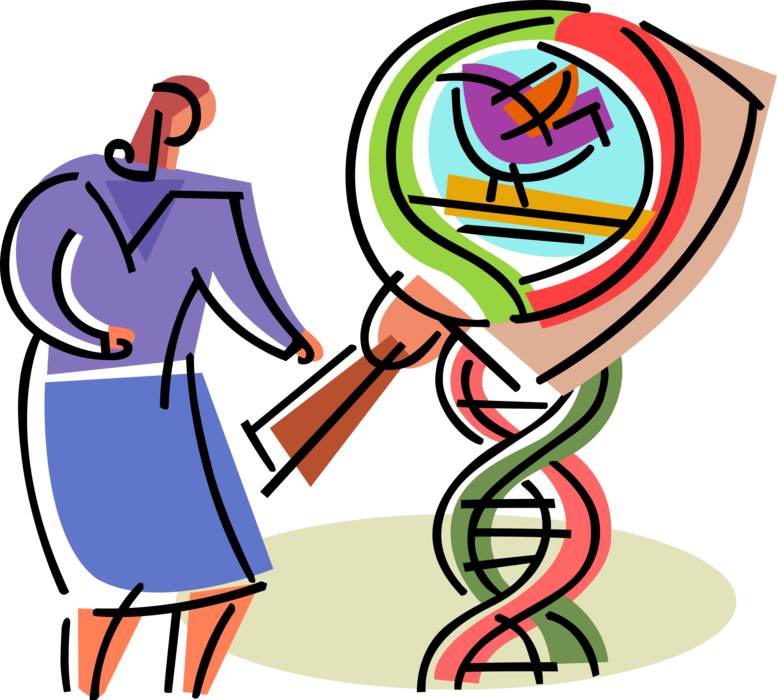 Vector Illustration of Geneticist Engineer with Magnifying Glass and Double Helix DNA Molecule Carrying Genetic Instructions