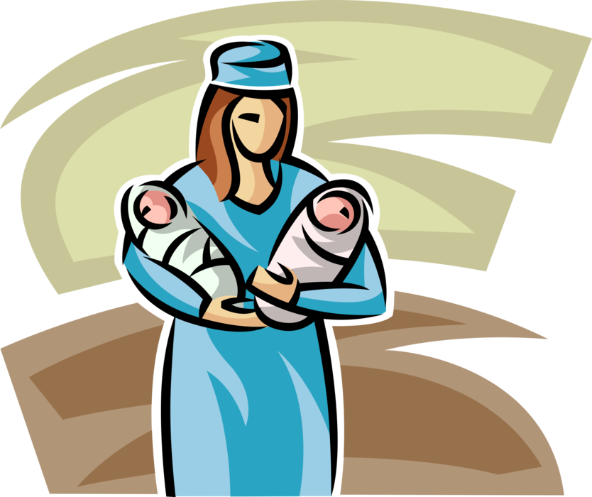 Vector Illustration of Health Care Nurse with Two Newborn Babies in Hospital Maternity Ward