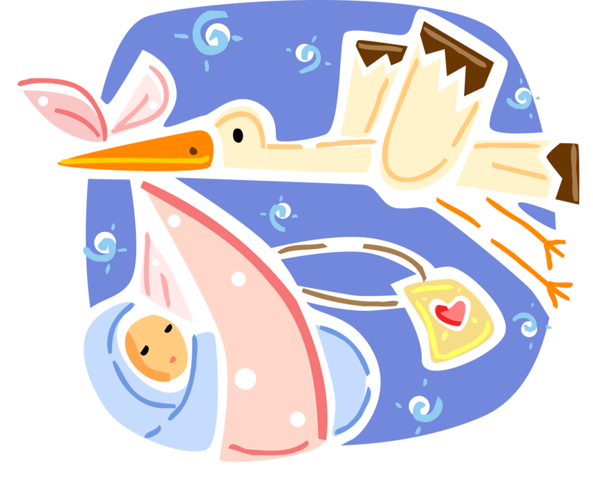 Vector Illustration of Stork Bird Delivers Newborn Infant Baby Bundle of Joy