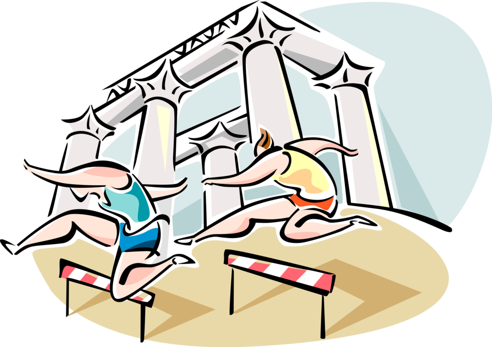 Vector Illustration of Olympic Track and Field Hurdlers Jumping Hurdles in Competitive Track Meet