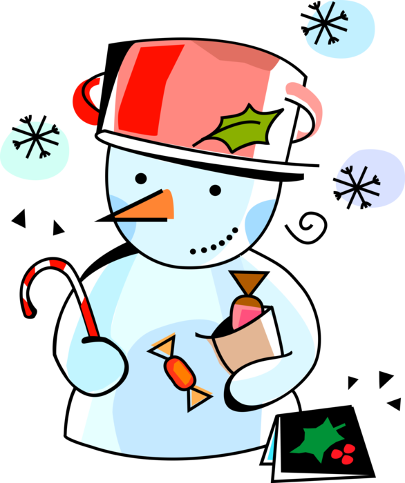 Vector Illustration of Snowman Anthropomorphic Snow Sculpture with Carrot Nose and Christmas Candy Cane