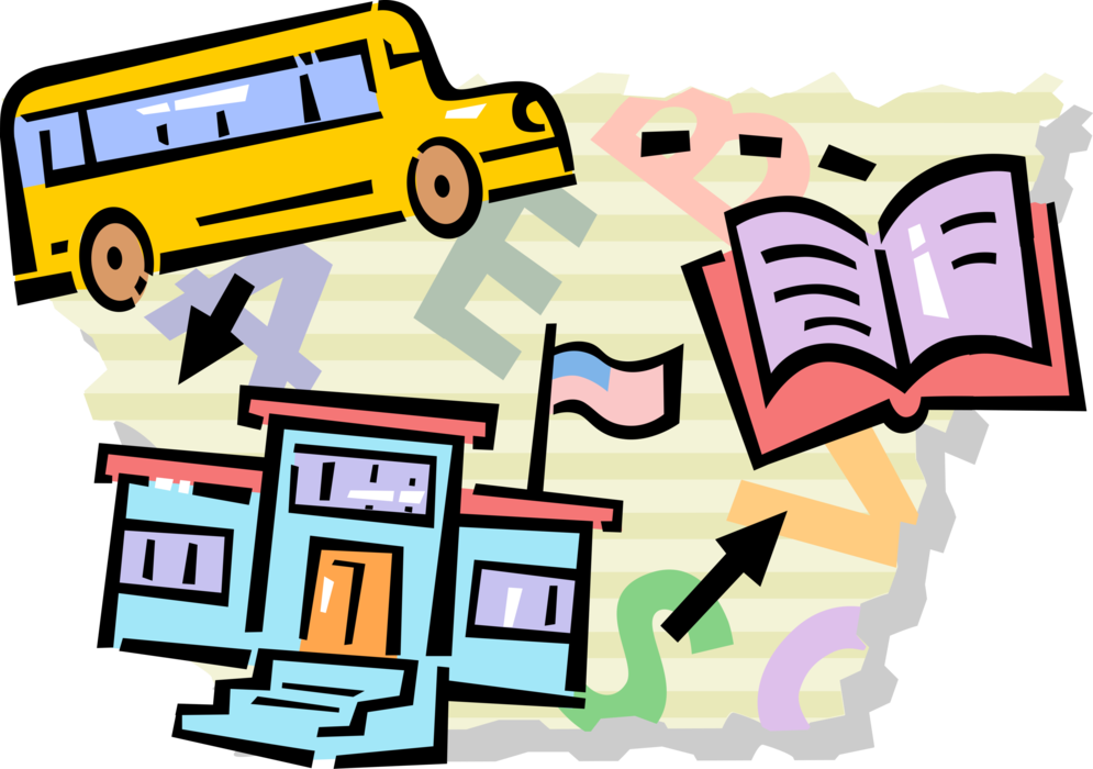 Vector Illustration of Schoolbus or School Bus Transport, Schoolhouse Building, Education Schoolbook