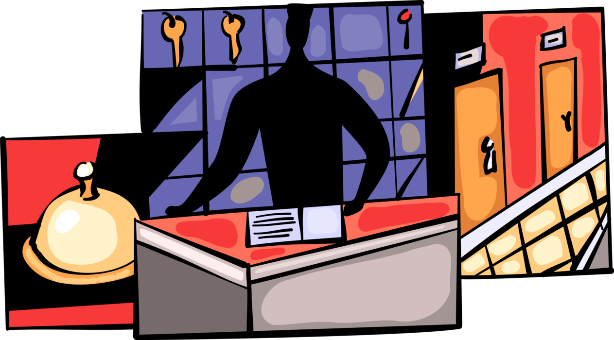 Vector Illustration of Hospitality Industry Hotel Front Desk Reception Clerk Provides Guest Lodging Services and Accommodation