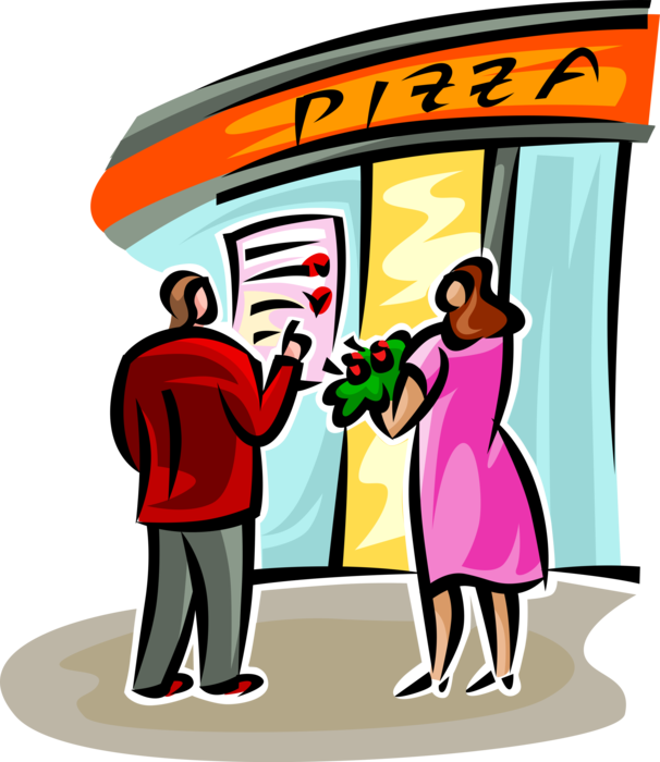 Vector Illustration of Dining Couple on Dinner Date Visit Italian Pizza Restaurant