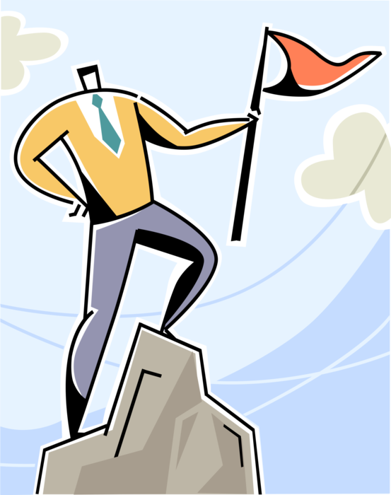 Vector Illustration of Businessman Mountaineer Mountain Climber Reaches Summit Apogee and Plants Conqueror's Flag