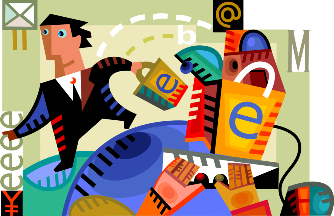 Vector Illustration of Businessman Purchases Goods and Services via Internet Online Ecommerce Transactions