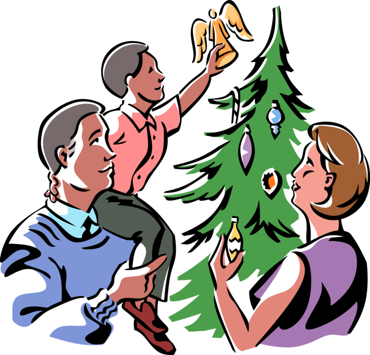 Vector Illustration of Family Places Angel Decoration at Top of Evergreen Christmas Tree