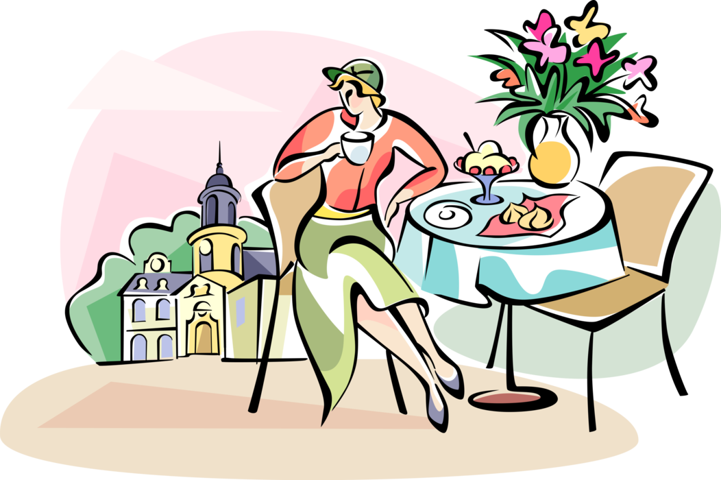 Vector Illustration of Woman Having Breakfast at Outdoor Café in Paris, France