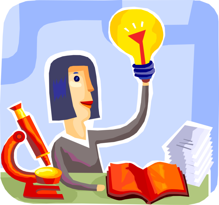Vector Illustration of Lab Scientist Makes Discovery with Electric Light Bulb Symbol of Invention, Innovation, Inspiration, Good Ideas