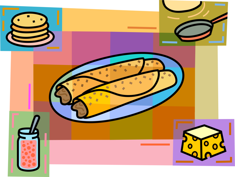 Vector Illustration of Thin Wheat Flour Pancake Crêpe or Crepe with Savoury Fruit Filling with Cheese, Jam & Frying Pan
