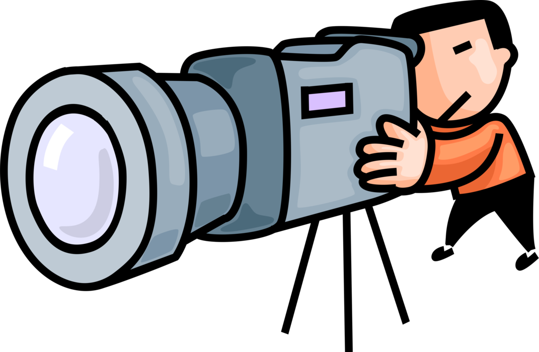 Vector Illustration of Cameraman Films Scene with Videocamera Camcorder Video Camera on Tripod