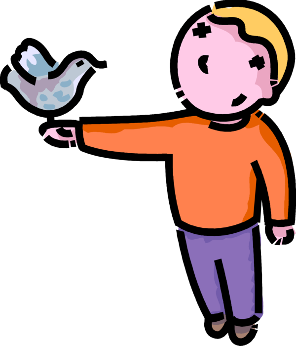 Vector Illustration of Primary or Elementary School Student Boy with Feathered Bird on Hand