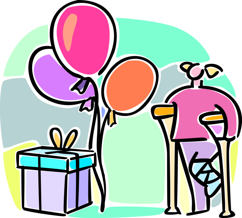 Vector Illustration of Young Girl Accident Victim with Broken Leg Receives Balloons and Present Gift