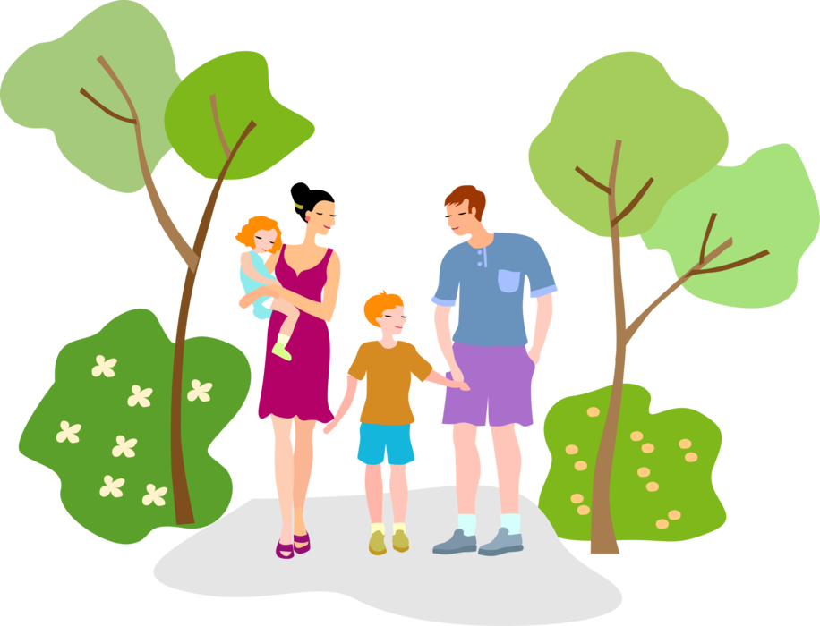 Vector Illustration of Young Family Father and Mother with Toddler Daughter and Young Son Walk in Park
