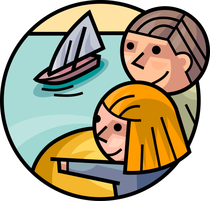 Vector Illustration of Children Play with Toy Sailboat on Summer Vacation