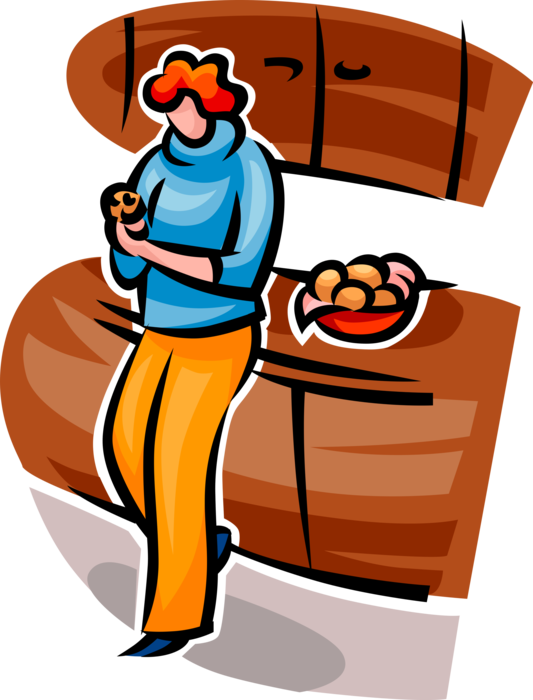 Vector Illustration of Woman Eats Baked Quick Bread Muffin Snack