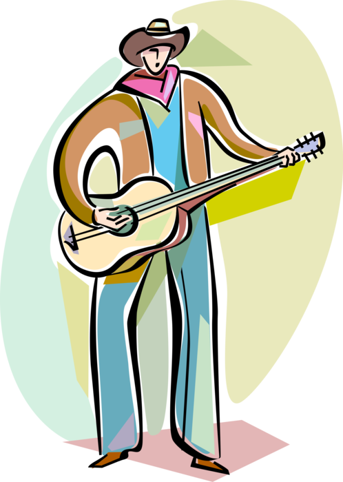 Vector Illustration of Country and Western Cowboy Dude Musician Plays Acoustic Guitar Musical Instrument