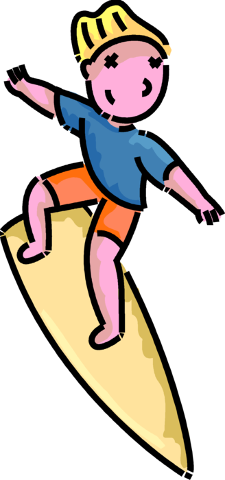 Vector Illustration of Primary or Elementary School Student Girl Surfer Rides Surfboard Surfing Wave