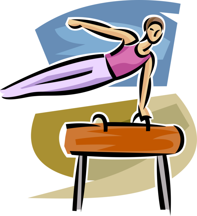 Vector Illustration of Gymnast Performs Gymnastics Routine on Pommel Horse 