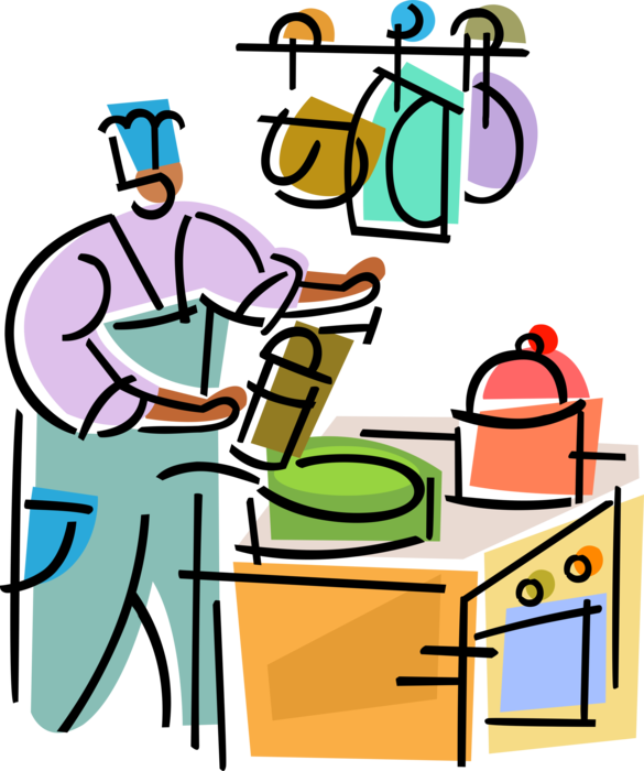 Vector Illustration of Culinary Cuisine Chef Prepares and Cooks Food in Saucepan Pot on Stove with Peppermill Grinder