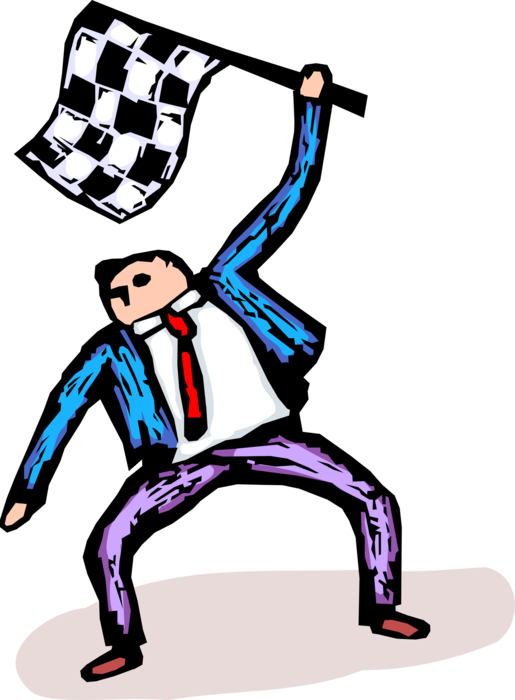 Vector Illustration of Businessman Waves Checkered or Chequered Flag at Race Finish Line 