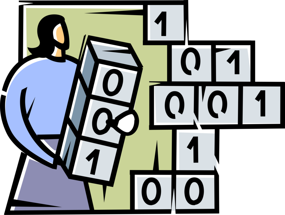 Vector Illustration of Businesswoman Software Programmer Builds Digital Binary Code Program Instructions