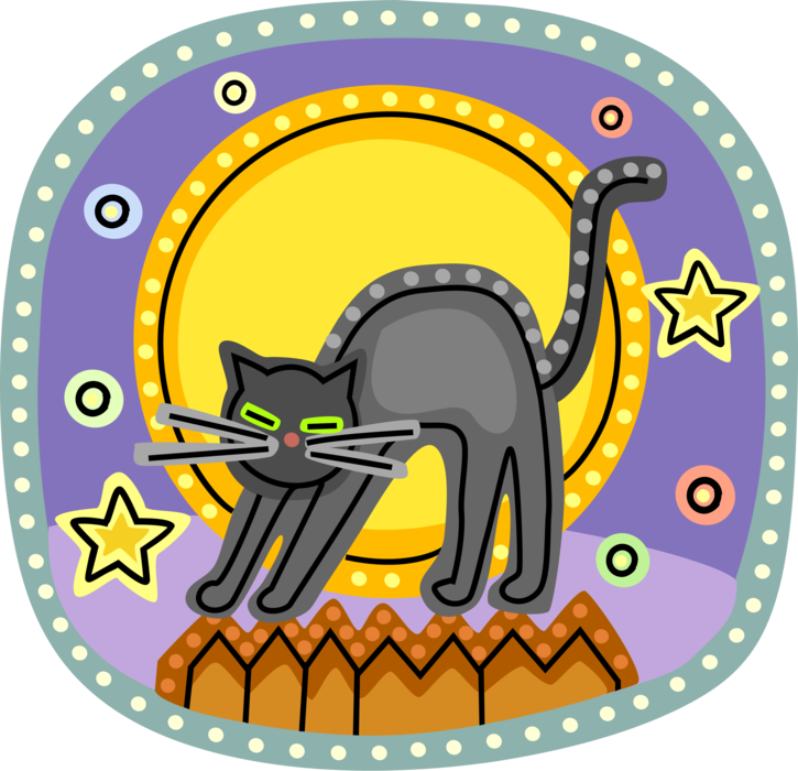 Vector Illustration of Halloween Black Cat Associated with Witchcraft, Ill Omens, and Death on Fence with Full Moon