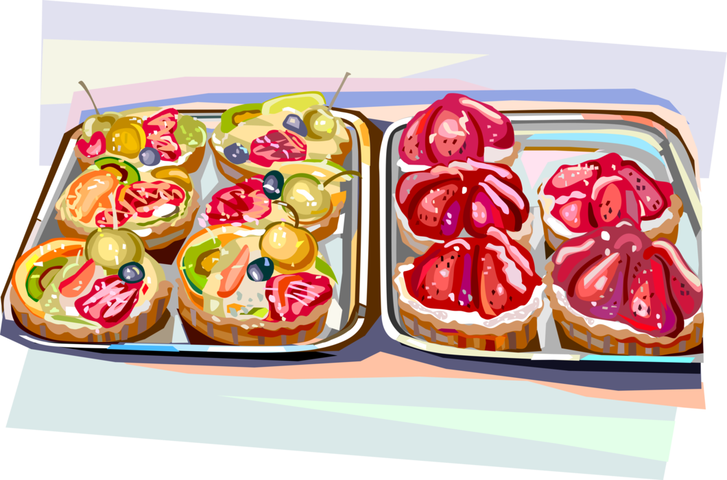 Vector Illustration of French Dessert Fruit Tarts and Pastries with Strawberries