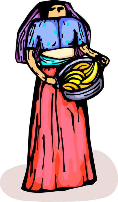Vector Illustration of Woman in Traditional Native Dress with Basket of Fruit Bananas