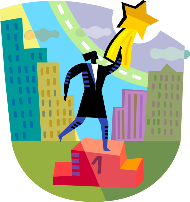 Vector Illustration of Businesswoman Stands on Winner's Podium and Reaches for Shooting Star of Prosperity and Success
