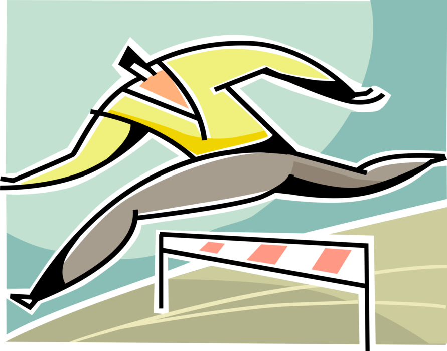 Vector Illustration of Track and Field Athletic Sport Contest Businessman Hurdler Jumps Hurdle in Competitive Track Meet Race