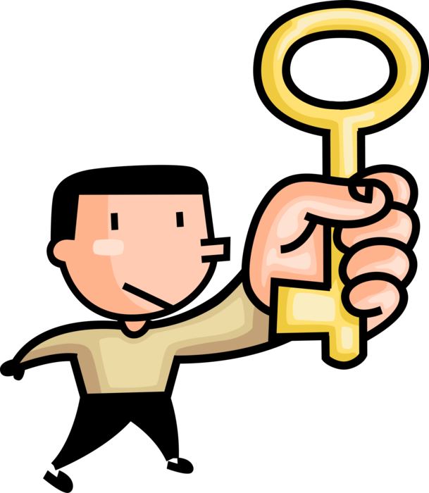 Vector Illustration of Man Holds Skeleton Security Key to Unlock Padlock Lock