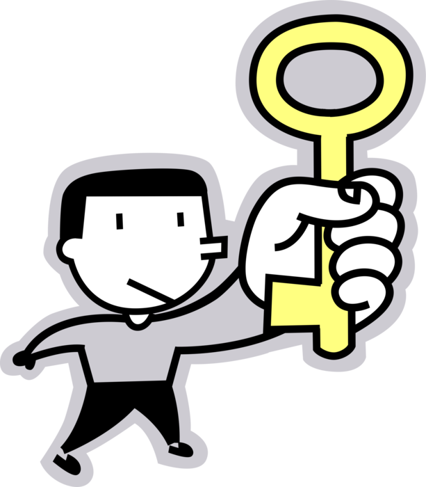 Vector Illustration of Man Holds Security Key to Unlock Padlock Lock
