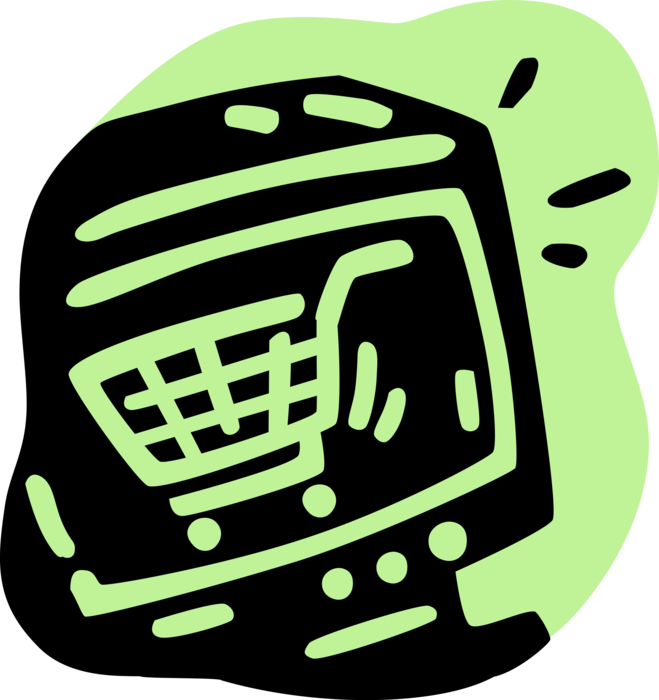 Vector Illustration of Online Internet Purchase Transactions on Computer with Shopping Cart