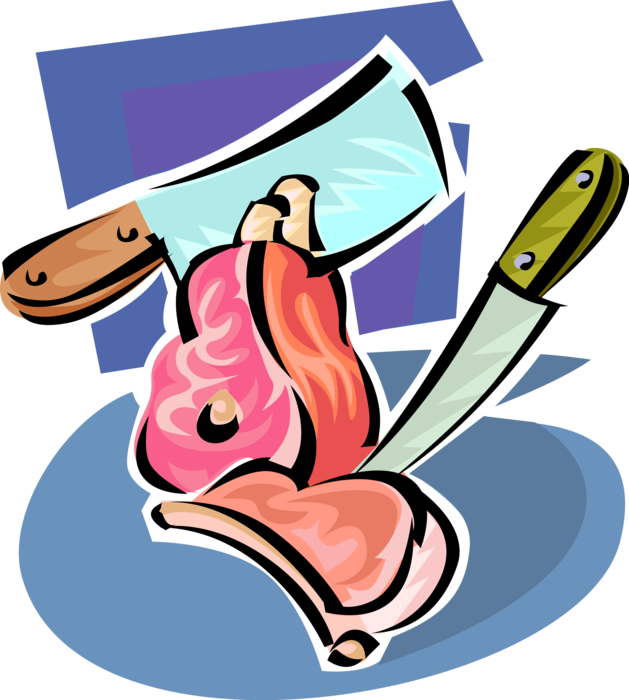 Vector Illustration of Butcher's Meat Cleaver, Carving Knife and Butchery Meat